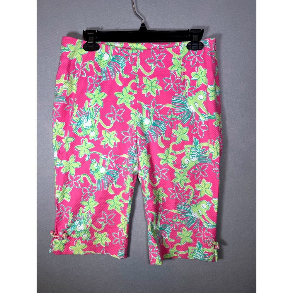 VTG Lilly Pulitzer Pink Green Monkey Floral Pique Crop Pants Side Zip Size 6